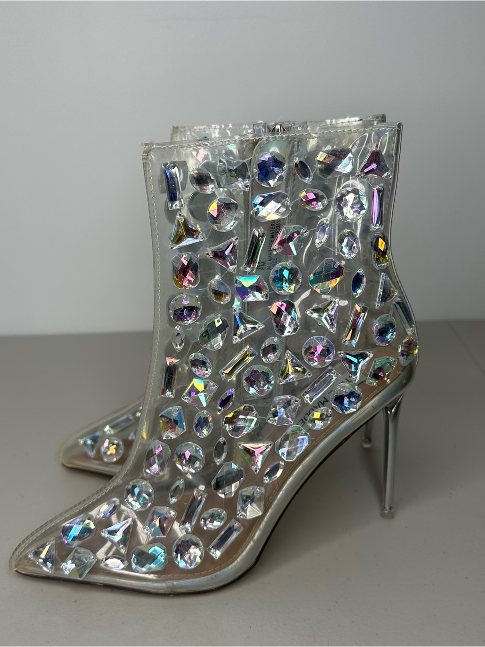 Steve Madden Jentt Jeweled Clear PVC Ankle Booties Silver Stiletto Heels Size 6